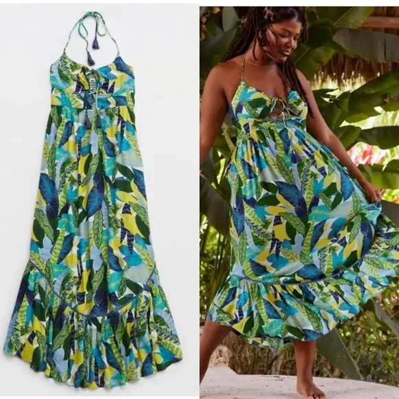 aerie | Dresses | Aerie Paradise Tropical Palm Print Halter Cutout Maxi  Dress Gauze Cotton Xs | Poshmark